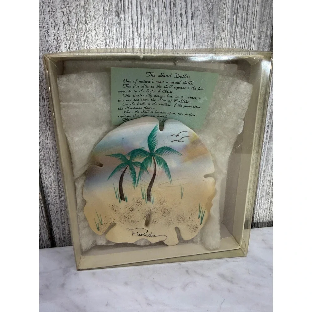 Vintage Hand Painted Florida Sand Dollar Beach Art Palm Trees Shadow Box Frame